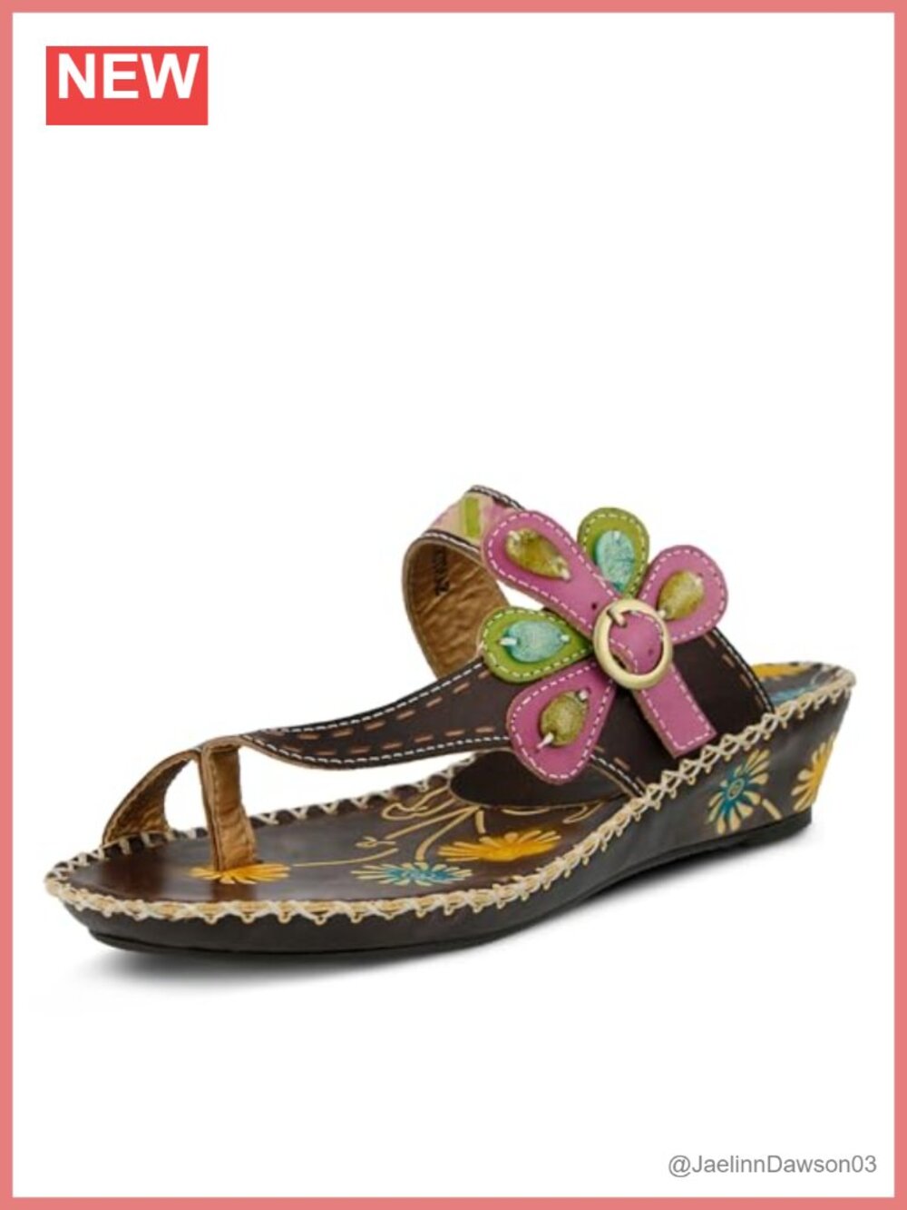 Toe Ring Wedge Sandals Hand Painted Leather Floral Slide Heel